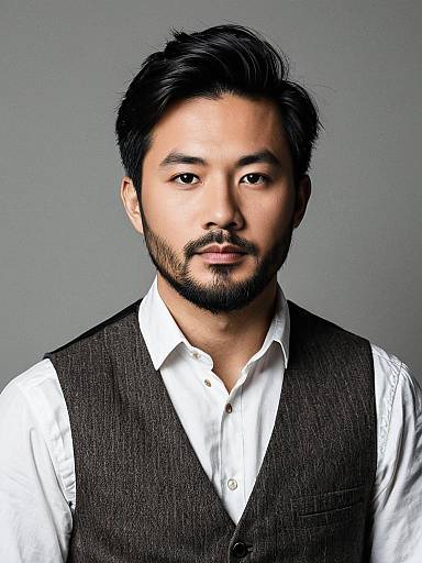 Asian Man in Brown Vest and White Shirt