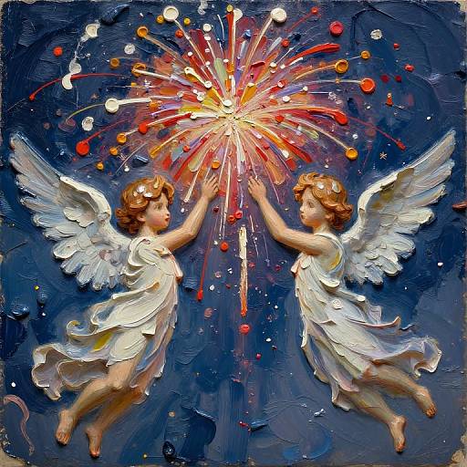 Digital painting of two angelic children with white wings, wearing flowing white dresses, reaching towards a radiant, colorful starburst against a dark blue background.
