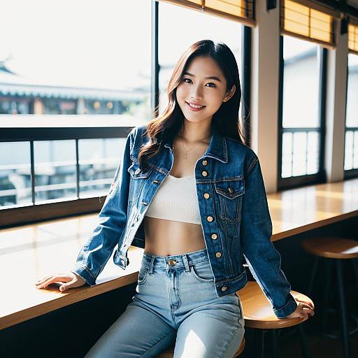 Young Asian Woman in Denim Jacket Sitting by Window