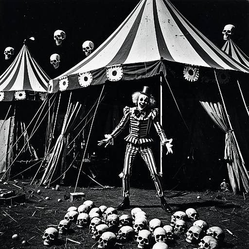 Vintage Horror Clown with Skulls at Circus Tent
