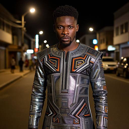 Photograph of a Black man with short curly hair, wearing a shiny, geometric-patterned, black and orange long-sleeve shirt, standing on
