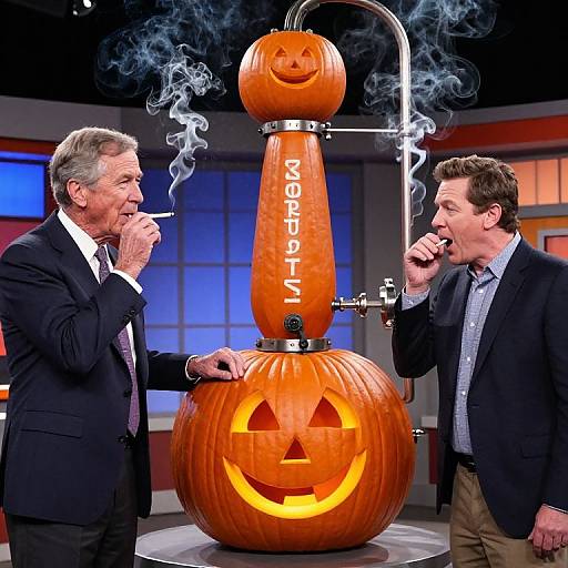 Photograph of two older men in suits, smoking cigars, standing in front of a glowing, smoke-emitting, Halloween-themed 
