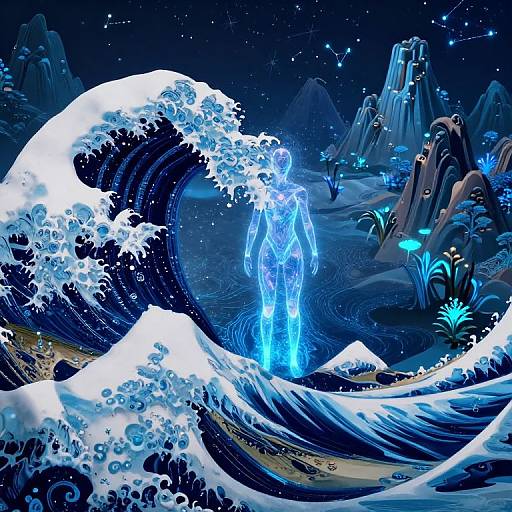 Digital artwork of a glowing blue ghost standing amidst towering waves and bioluminescent mountains under a starry night sky.