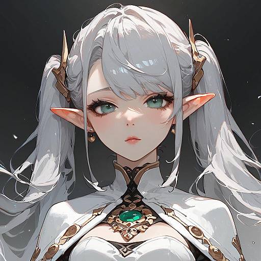 Digital anime-style portrait of a pale-skinned elven woman with long white hair, green eyes, pointed ears, and ornate white and gold armor