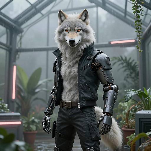Cyberpunk Wolf in Rainy Greenhouse