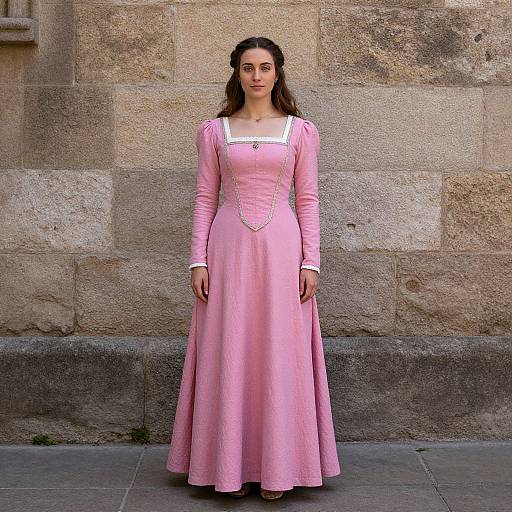 Photograph of a woman with long brown hair, wearing a pink medieval-style long dress with white trim, standing against a stone wall.