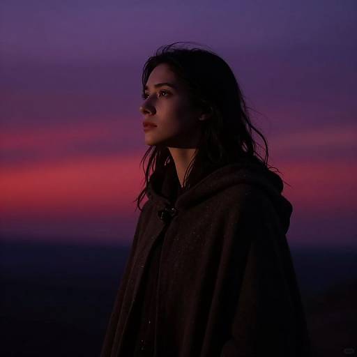 Photograph of a woman with long, wet hair, wearing a dark hooded coat, silhouetted against a vivid purple and pink sunset sky