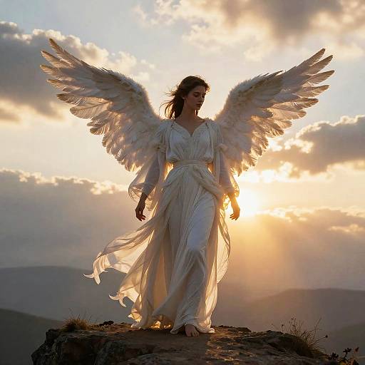 Photograph of a silhouetted angelic woman with large white wings, wearing a flowing white dress, standing on a rocky hill at sunset,