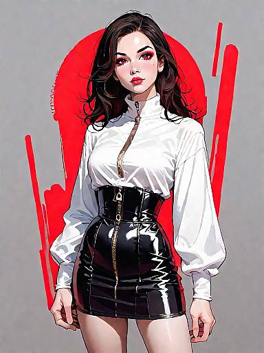 Stylish Woman in Burgundy Bodysuit and Black Mini Skirt