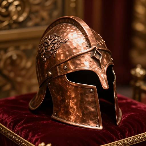 Gleaming Copper Helmet with Mythical Symbols