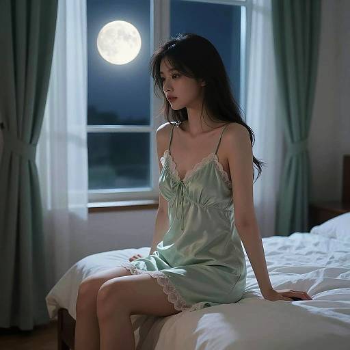 Young Woman in Green Nightdress by Moonlit Window
