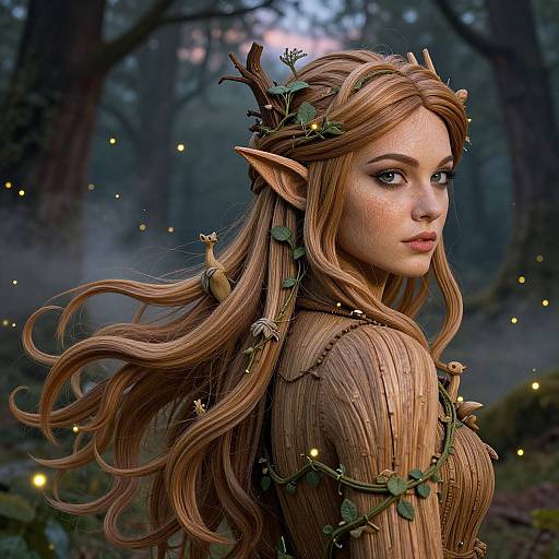 Digital fantasy artwork of a beautiful, elf-like woman with long, wavy auburn hair, pointed ears, and freckles, wearing a