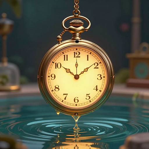 Photorealistic digital artwork of a glowing, vintage pocket watch with black hands, submerged in a calm, reflective blue pool.