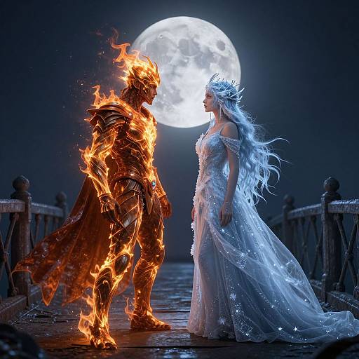 Digital fantasy artwork: Fire-covered armored figure faces ice-encrusted woman in white gown under full moon on wooden bridge.