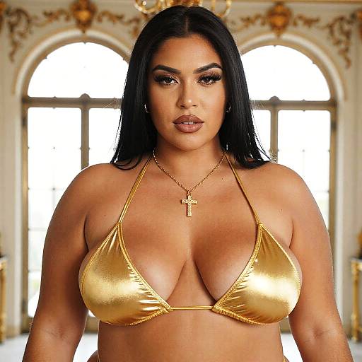 Photograph of a curvy, dark-haired woman with olive skin, wearing a shiny gold bikini top and a gold cross necklace, standing in an orn