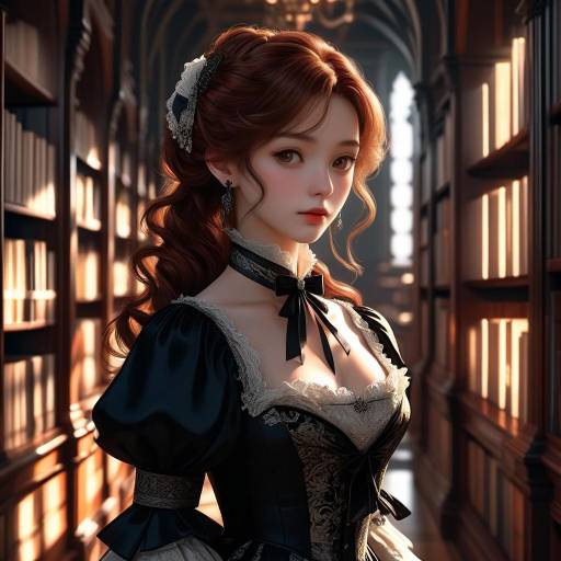 Elegant Anime Noblewoman in Library