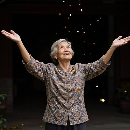 Photograph of an elderly woman with short gray hair, smiling, arms outstretched, wearing a patterned jacket, on a dark stage with scattered