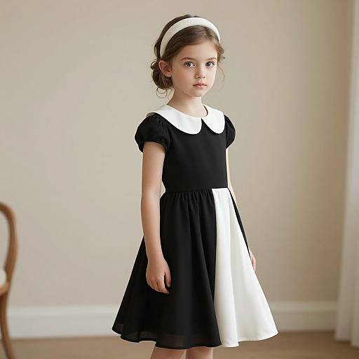 Photograph of a young girl with fair skin and brown hair, wearing a black and white maid dress and white headband, standing in a softly lit