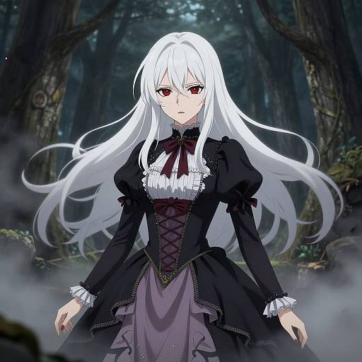 Anime-style digital drawing of a white-haired, red-eyed girl with pale skin, wearing a black, gothic lace dress, standing in a dark,