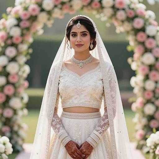 Photograph of a beautiful South Asian bride in white traditional attire with lace details, veil, choker, and necklace, standing before a floral arch.