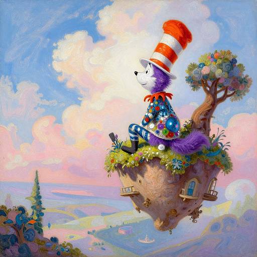 Whimsical digital painting of the Cat in the Hat with red-and-white striped hat, sitting on a floating, flower-decked treehouse,