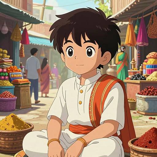 Anime-style illustration of a young boy with black hair, wearing a white shirt and red sash, sitting in a colorful spice market.