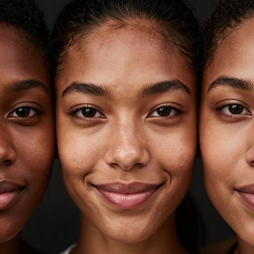Close-up photograph of three smiling Indian women with dark skin, brown eyes, and black hair, showing detailed facial textures and natural makeup.