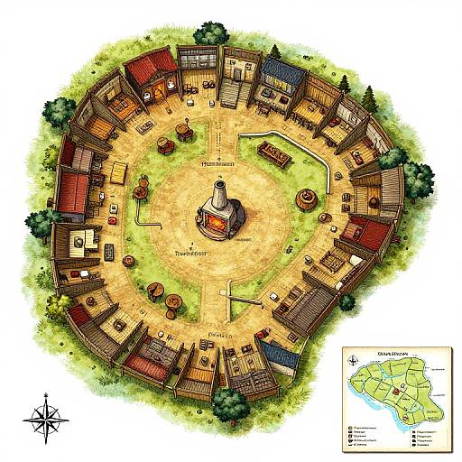 Colorful overhead map of a circular village with wooden houses, central fountain, green grass, and trees, inset map below.