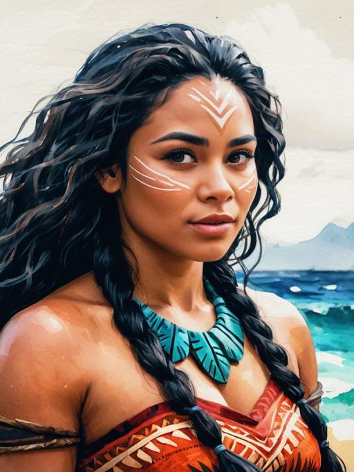Woman in Moana Costume Watercolor Portrait