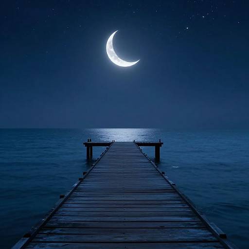 Photograph of a wooden pier leading into a moonlit, starry ocean with a bright crescent moon shining above.