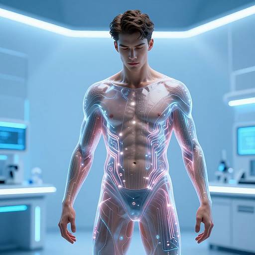 Photorealistic CGI of a muscular, young man with glowing, neon-blue circuitry patterns on his transparent, futuristic bodysuit in a brightly lit