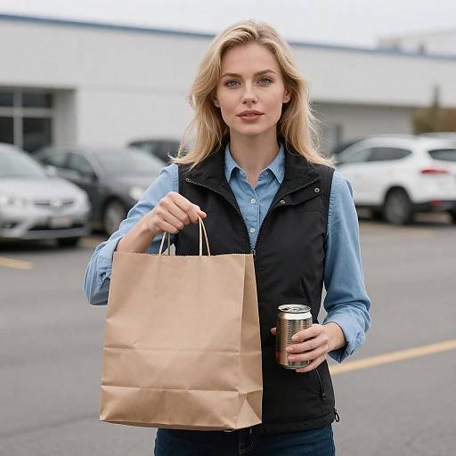 Woman Holding Groceries in Parking Lot