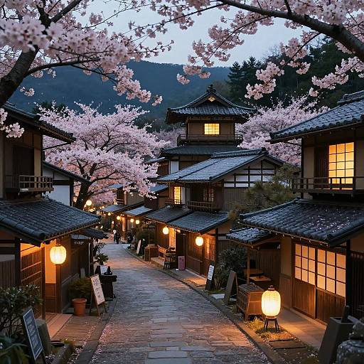 Photograph of a tranquil Japanese street at dusk, illuminated by warm lanterns, cherry blossoms in bloom, traditional wooden buildings, and mountainous background