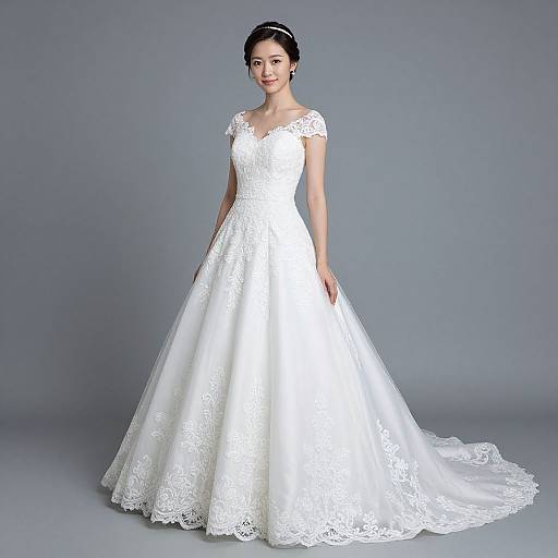 Photograph of an Asian bride in a white, lace, cap-sleeved wedding gown with a full, flared skirt, standing against a gray
