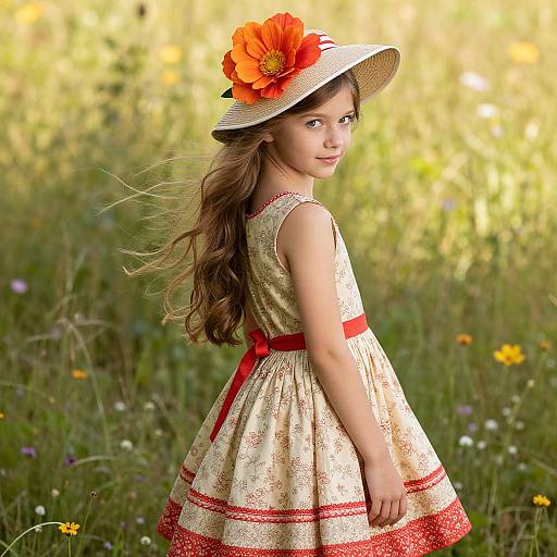 Young Girl in Floral Dress Meadow
