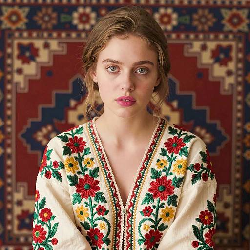 Young Woman in Floral Embroidered Garment