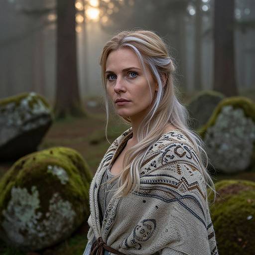 Photograph of a serious blonde woman with blue eyes, wearing a patterned wool shawl, in a misty forest with moss-covered rocks and tall