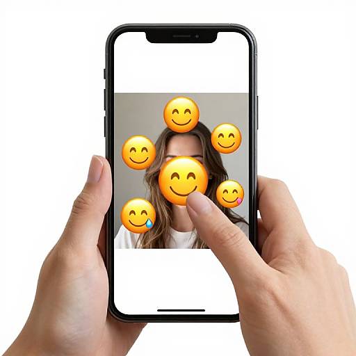 Photograph of hands holding a smartphone with a smiling face emoji overlay on a woman's face in the screen.