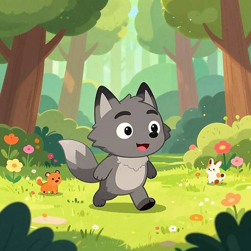 Cartoon-style illustration of a cheerful gray wolf cub with a white belly, walking through a colorful, sunlit forest with flowers, trees, and smaller