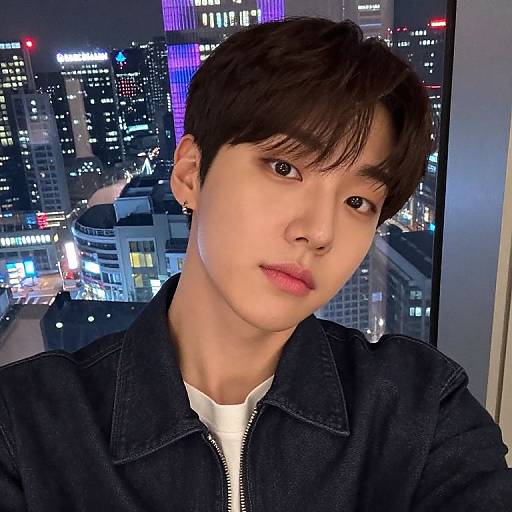 Photograph of a young Asian man with fair skin, black hair, and pink lips, wearing a black denim jacket over a white shirt, standing in