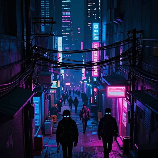 Neon-lit, cyberpunk alleyway at night, vibrant blue and pink signs, silhouette figures with glowing eyes, urban density, futuristic atmosphere.
