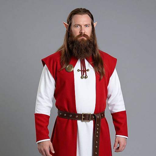 Photograph of a bearded man with long brown hair, elf ears, wearing a red and white medieval-style tunic, brown belt, and gray