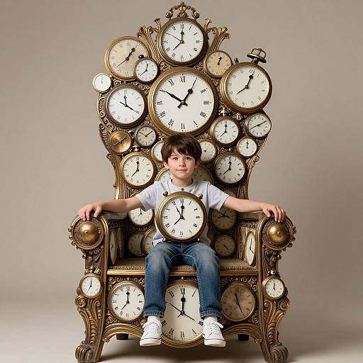 Photograph of a young boy sitting on an ornate, oversized throne chair made entirely of clocks, with clocks on arms, back, and seat,