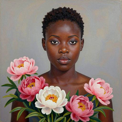 Photorealistic portrait of a dark-skinned woman with short curly hair, surrounded by pink and white peonies, looking directly at the viewer.