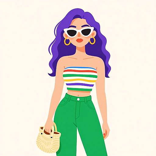 Digital illustration of a confident woman with purple hair, wearing white striped tube top, green high-waisted pants, gold earrings, and white sunglasses,