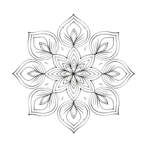 Black and white line drawing of a symmetrical, six-petal flower-like snowflake pattern with intricate, layered petal designs on a white background.