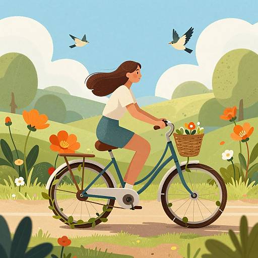 Illustration of a brown-haired woman in white shirt and blue shorts, riding a teal bike with a basket, surrounded by colorful flowers and birds, on