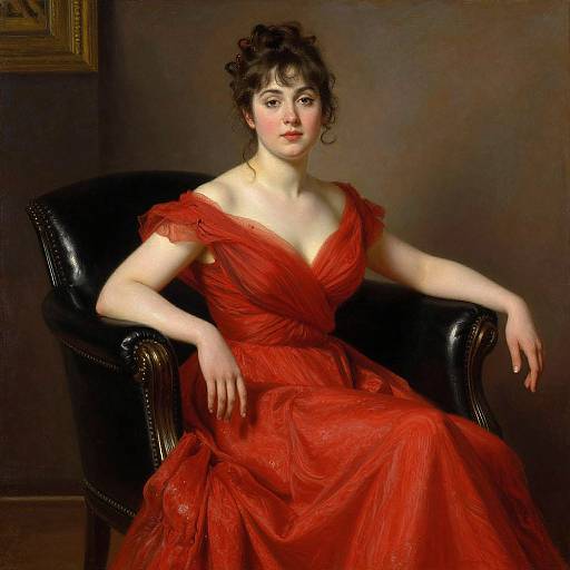 Classical portrait of a fair-skinned woman with dark hair in an updo, wearing an off-shoulder red gown, seated in a black