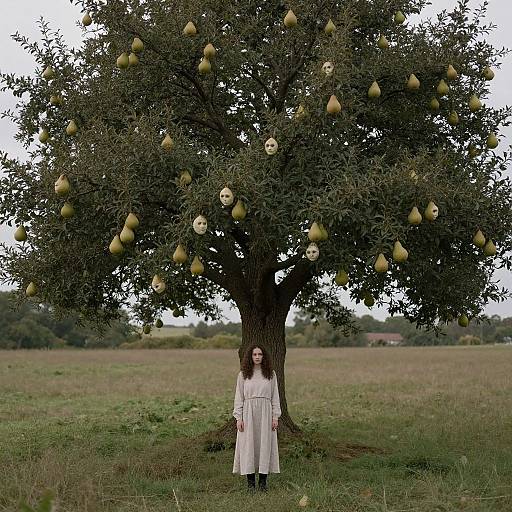 Photograph of a pale, dark-haired woman in a white dress standing in front of a pear tree with human faces on pears, in a grass