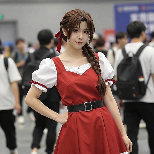 Photograph of an Asian woman with fair skin, brown hair in a braid, wearing a red dress with white puffed sleeves, black belt,